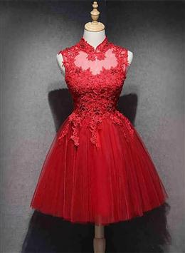 Picture of Red Color Lace High Neckline Tulle Short Homecoming Dresses Party Dresses, Red Color Formal Dress